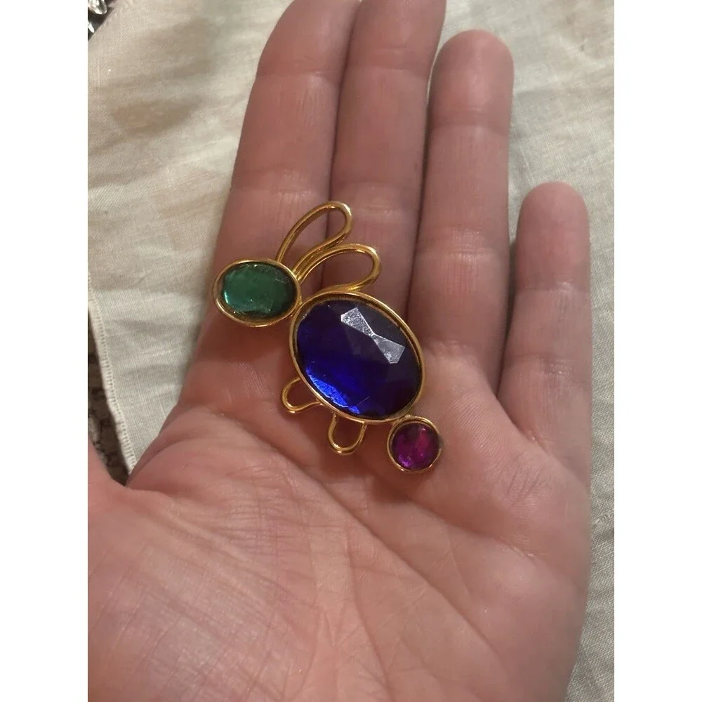 Vintage Bunny Brooch Gold Tricolor Glass Cabochon Figural Pin Blue Purple Green